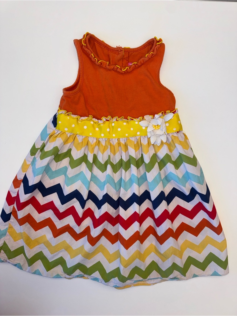 Good Lad Orange Tank Dress with Yellow Waistband and Rainbow Chevron Skirt